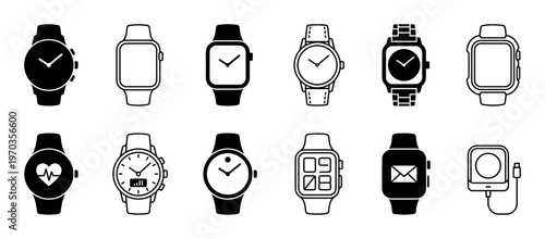 Twelve diverse black and white watch icons illustrate modern and classic timepieces, featuring smartwatches with various digital displays and traditional analog designs in a clean, graphic style