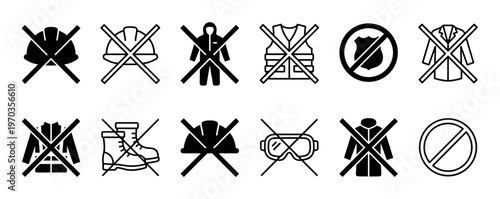 Various prohibited safety equipment icons are clearly displayed in a grid, featuring common protective gear like hard hats, suits, vests, and boots, all crossed out to signify restriction or danger