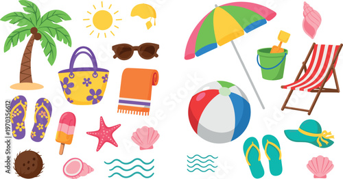 Summer Beach Vacation Accessories Set with Palm Tree, Sunglasses, Flip Flops, Umbrella, Ice Cream, and Seaside Elements for Travel, Fun, and Outdoor Designs