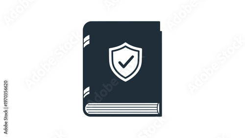A dark blue closed book with a white shield and checkmark icon