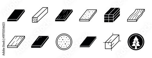 Wood and lumber material icon set showing different types of planks, boards, beams, and timber in a simple black and white glyph style for carpentry or construction concepts