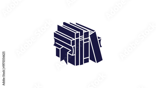 Abstract stack of navy blue geometric shapes, resembling stacked books, isolated on white