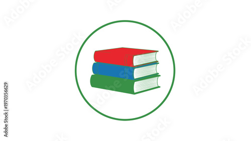 Three stacked books, red, blue, and green, enclosed in a green circle