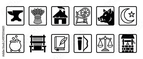 Set of black and white medieval icons representing various professions, crafts, and symbols for a fantasy role-playing game, including an anvil, loom, and cauldron