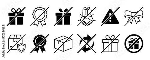Collection of black prohibition icons with crossed-out gift boxes, awards, and handshakes, a minimalist vector set illustrating concepts of cancellation, warning, and restriction