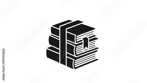 Stacked books with a bookmark, depicted in a modern, minimalist black-and-white style