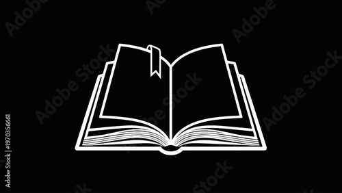Open book with bookmark, presented as a minimalist white outline on a black background