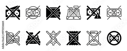Collection of minimalist black financial icons with a strikethrough, illustrating concepts like no cash accepted, payment declined, cashless society, debt, and economic crisis