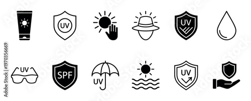 Set of minimalist black sun safety pictograms including a UV shield, SPF symbol, sunscreen tube, sunglasses, and umbrella for skincare and health awareness concepts