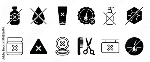 Set of black cosmetic and hair care icons representing product claims like paraben-free and sulfate-free, featuring minimalist glyph symbols for packaging and marketing
