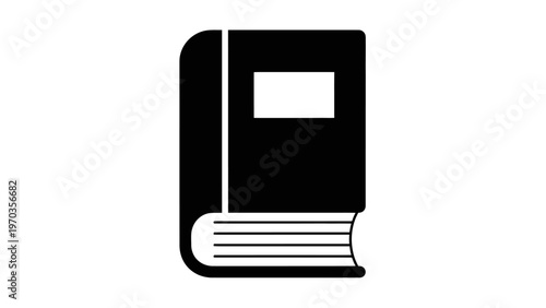 A simple black icon of a closed book with a white rectangle on its cover