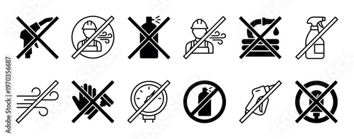 Collection of black prohibition safety icons showing forbidden actions for applying paint, chemicals, and aerosols, including warnings for wind, water, and touching