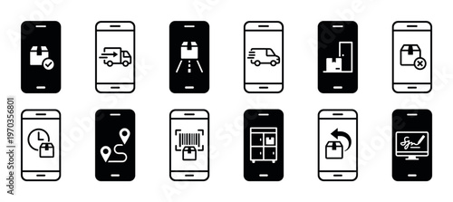 Set of black and white delivery icons on smartphone screens illustrating logistics, shipping, and parcel tracking concepts like confirmation, transit, route, and digital signature