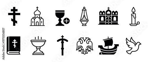 Set of black Orthodox Christian icons featuring a cross, church, chalice, censer, Bible, and dove, presented as a collection of minimalist glyph symbols for religious design