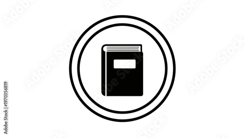 A simple black icon of a closed book within double concentric circles on a white background