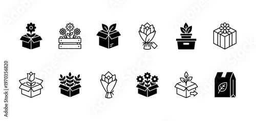Collection of black flower delivery icons showing plants in boxes, bouquets, and gifts in a minimalist line art and glyph style for graphic design and web elements