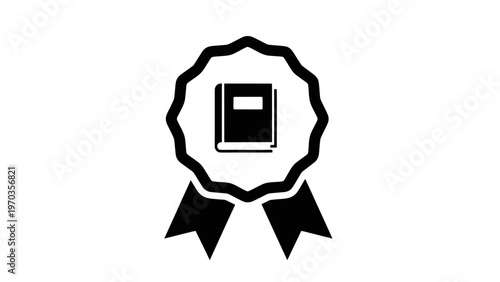 Black icon of a book inside a ribbon award on white background