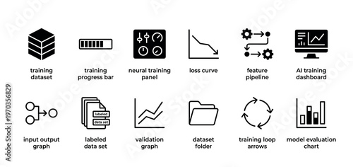 Set of black glyph icons for machine learning and AI training concepts, including dataset, progress bar, loss curve, pipeline, dashboard, and model evaluation chart symbols