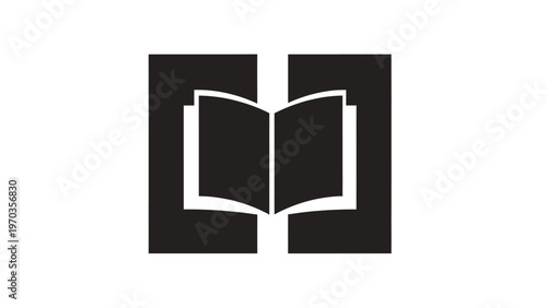 Open book icon between two abstract black rectangles