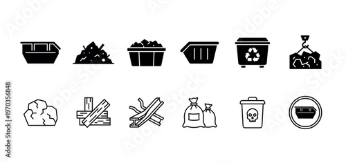 Set of black waste management icons showing dumpsters, garbage bags, construction debris, and recycling symbols in both solid glyph and thin line art vector styles