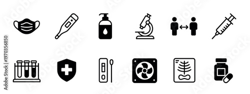 Set of black medical and health icons for disease prevention and treatment, including a face mask, thermometer, vaccine syringe, rapid test, and social distancing symbol
