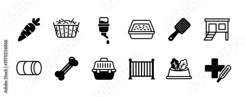 Black and white pet supply icons set featuring food, toys, grooming tools, a carrier, a hutch, and veterinary symbols for domestic animal care in a clean glyph illustration