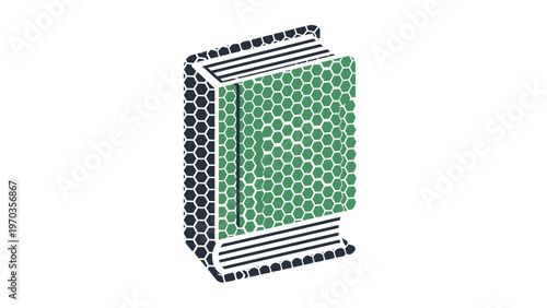 A stylized book with hexagonal patterns on covers and striped pages