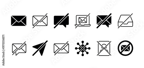 Set of black minimalist communication icons representing email, messages, spam, and blocked notifications in a simple glyph style for user interface design
