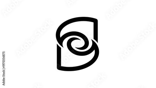 Abstract black graphic symbol with swirling inner curves and geometric outline