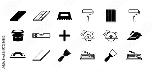 Set of black home improvement icons for flooring installation and renovation, including a saw, trowel, level, paint roller, scraper, and tile cutter in a clean vector style