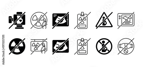 Set of black prohibition icons for pregnancy representing contraindications, health warnings, and safety restrictions in a minimalist glyph and linear style for medical use
