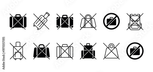 Collection of black no luggage icons showing various prohibited baggage types like suitcases, backpacks, and bags in a simple minimalist graphic illustration set for travel restrictions