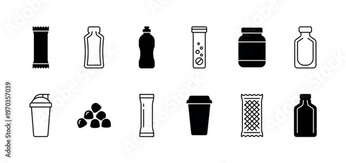 Set of black sports nutrition icons including a protein shaker, supplement jar, energy bar, gel pack, and vitamin bottle in a minimalist line art and silhouette style