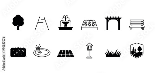 Diverse set of black park and garden icons featuring a tree, fountain, bench, pond, arch, and lamp post in a minimalist glyph and line art style for landscaping