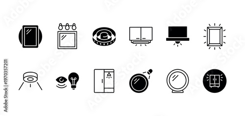 Set of black bathroom and lighting icons including mirrors, cabinets, and shower stalls, featuring both glyph and line art styles for interior design and smart home concepts