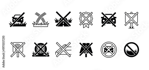 Set of black prohibition icons showing various restrictions for public spaces like no parking, no cars on grass, no camping, and no walking on the lawn in a simple glyph style