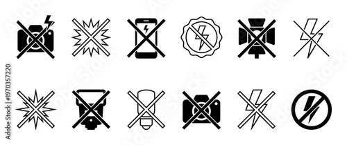 Black vector icons for no flash photography, a set of prohibition signs with crossed-out cameras, smartphones, and lightning bolt symbols for public notices