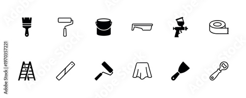 Set of black painting tool icons for home improvement and renovation, including a brush, roller, can, tray, spray gun, tape, ladder, level, and scraper in a minimalist vector style