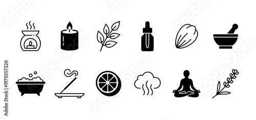 Black minimalist icon set for spa and wellness featuring an oil diffuser, candle, incense, essential oil, meditation pose, and lavender sprig in a simple glyph and line art style