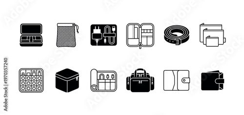 Set of black travel organizer icons featuring various personal accessories like wallets, bags, cases, and pouches in both solid glyph and thin line art styles for design