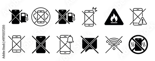 Set of black prohibition icons for mobile phones showing various restrictions like no calls, no signal, and warnings for flammable areas or gas stations in a simple vector pictogram style