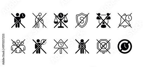 Set of black crossed-out glyph icons illustrating concepts of time limits, deadlines, age discrimination, and social gathering prohibitions in a minimalist vector style