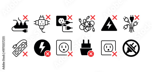 Electrical safety warning icons set showing hazards like overloaded sockets, tangled wires, and damaged plugs for illustrating electrical dangers and prohibitions in a minimalist graphic style