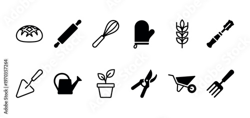 Set of black glyph icons for baking and gardening, featuring tools like a rolling pin, whisk, oven mitt, trowel, watering can, and wheelbarrow in a minimalist style