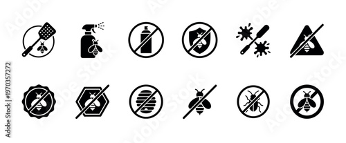 Collection of black glyph icons for pest control, showing bee and wasp extermination with swatters, sprays, and various prohibition signs in a simple vector illustration style