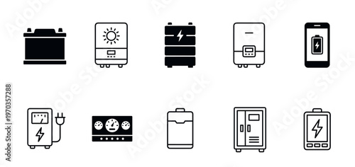 Set of black battery and power icons showing various energy storage solutions like car accumulators, solar inverters, and EV charging stations in a minimalist vector style
