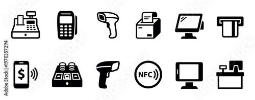Set of black solid icons for payment and retail, featuring a cash register, POS terminal, barcode scanner, ATM, and NFC symbol for point of sale and transaction concepts