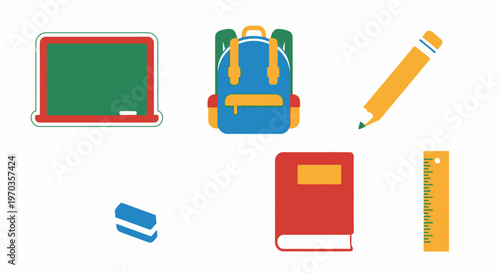 School supplies icons chalkboard backpack pencil eraser book ruler