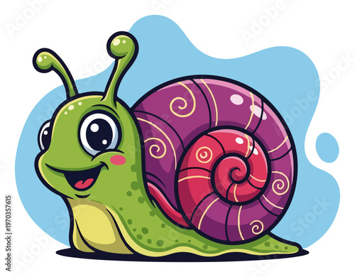 Cute Cartoon Snail with Colorful Swirl Shell Vector Illustration, Kawaii Happy Garden Bug Character