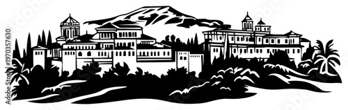 Mediterranean Villa Silhouette Landscape with Mountains and Palm Trees, European Coastal Town Architecture Vector